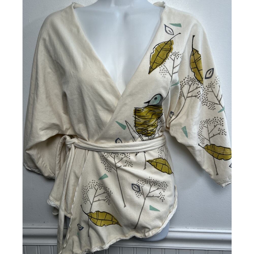 Blue Fish Cream Wrap Blouse with Yellow Leaf & Teal Accent